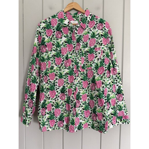 Charter Club Luxury Linen Button Front Shirt XL Pineapple Pink Green Print - Picture 1 of 8